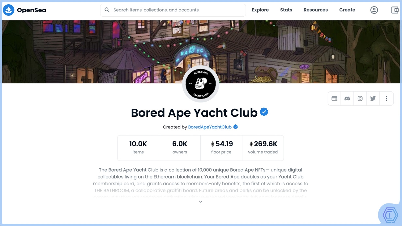 image de présentation du site internet Open Sea avec la collection Bored Ape Yacht Club